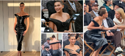 Хејли Бибер издоминира во кожен фустан со уникатен, разголен корсет – се држи да не ѝ ѕирнат градите (фото+видео)