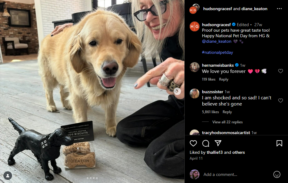 Дајан Китон наводно во својот тестамент му оставила 5 милиони долари на своето куче Реџи