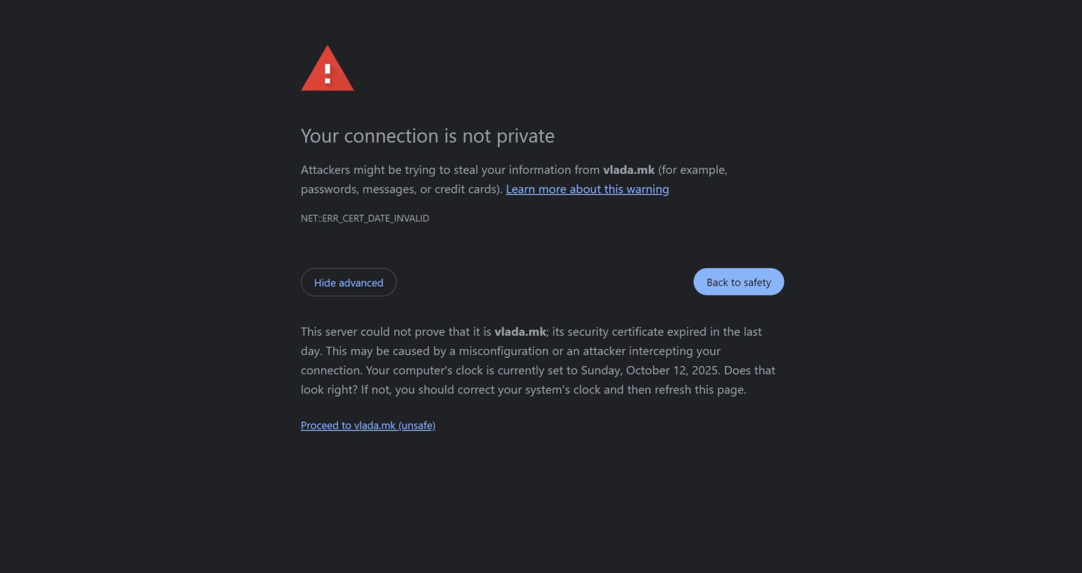 Официјалниот сајт vlada.mk недостапен поради истечен безбедносен сертификат, објави 4NEWS.mk