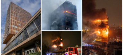 Застрашувачки сцени од пожарот во облакодерот „Vjesnik“ во Загреб, еден од симболите на новинарството во Југославија