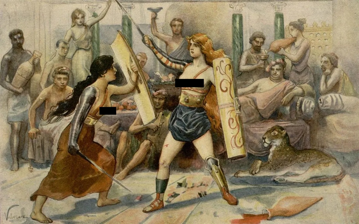 Жените гладијатори во античкиот Рим се бореле топлес без шлемови и носеле имиња како Амазонка