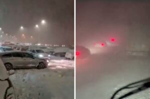 (ВИДЕО) Снежна бура во Полска, луѓе се заробени во автомобили на автопат