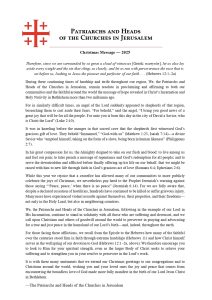 Патријарсите и поглаварите на црквите во Ерусалим повикуваат на вистински и праведен мир