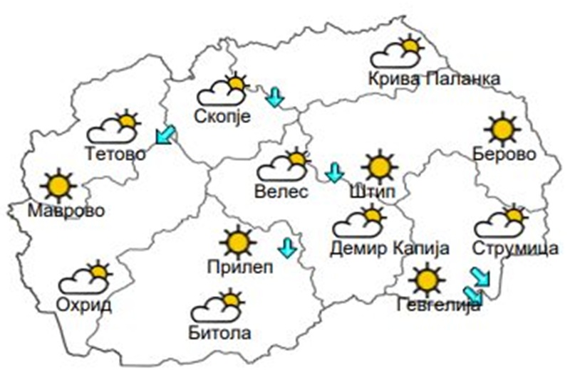 Времето денеска: Сончево со мала до умерена облачност, температурата до 15 степени