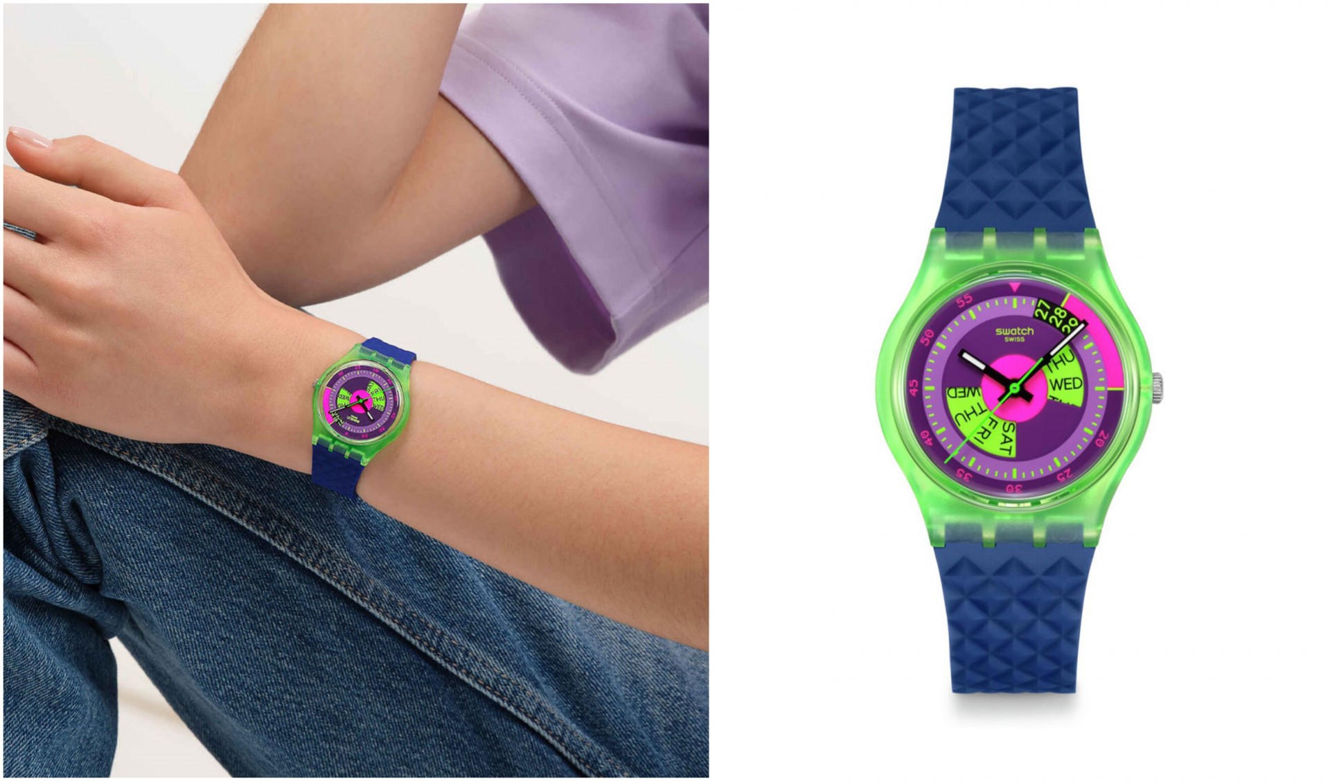 Часовник на неделата: Swatch Neon Skychart во синo, розово и зелено - Кога боите зборуваат