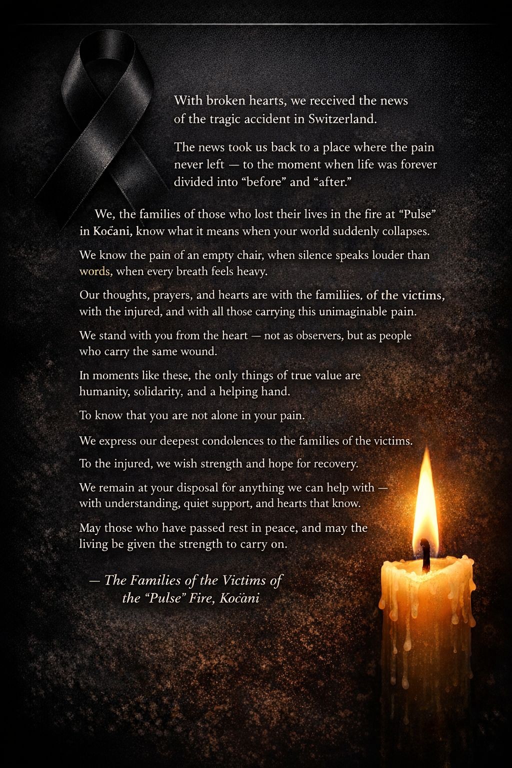 „Знаеме што значи ненадејно да ти се урне светот“: Родителите на загинатите во „Пулс“, со поддршка за семејствата на загинатите и за повредените во Швајцарија