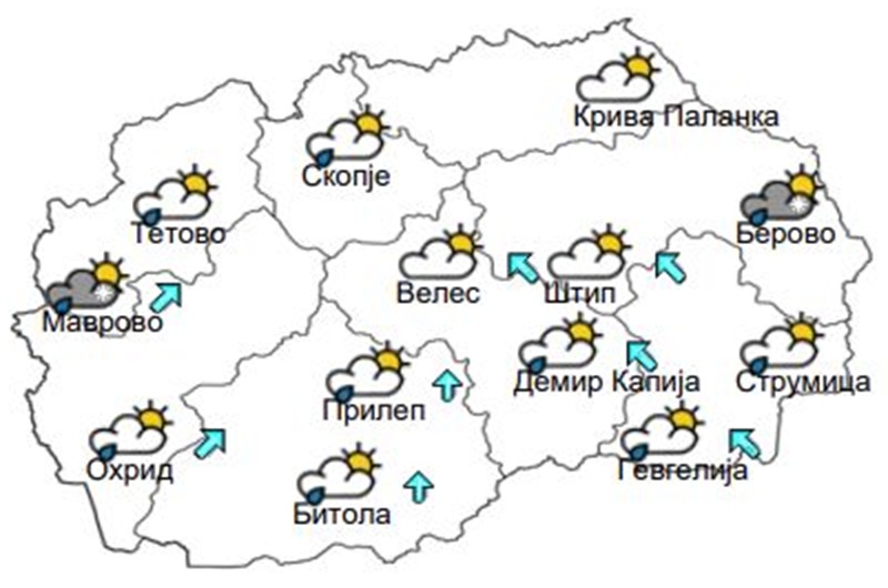 Времето денеска: Претежно облачно со локални врнежи од дожд, а на планините од снег