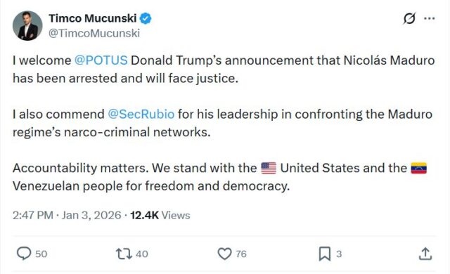 Муцунски ја поздрави акцијата на Трамп: „Стоиме зад Соединетите Американски Држави“