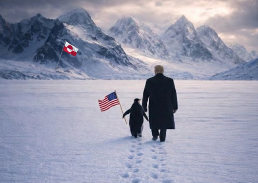 Белата куќа ја објави слика на Трамп со пингвин на Гренланд