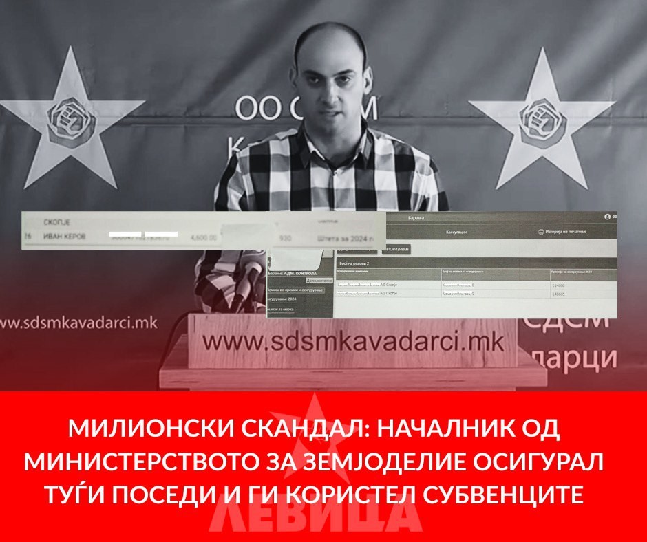 Левица обвинува за милионски криминал: „Началник од Министерство за земјоделство осигурал туѓи поседи и користел субвенции“