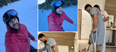 Александар Михајловски скрши нога на скијање – објави кадри од болница и се шегува на тема данок за инфлуенсери со Миа Костова