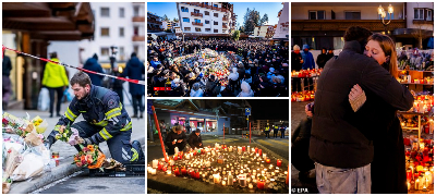 Трогателна глетка во Кран-Монтана: Стотици луѓе на улиците во Кран-Монтана им оддаваат почит на загинатите во пожарот и бараат правда