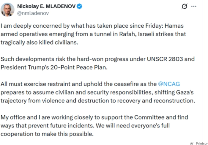 Шефот на Одборот за мир на Трамп, Николај Младенов, повика на почитување на примирјето во Газа