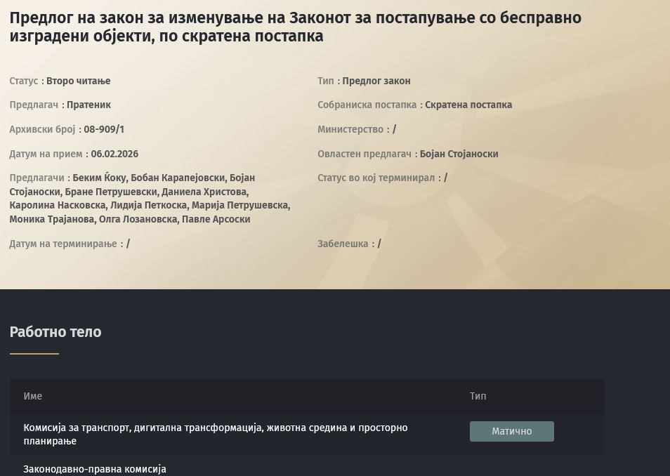 Постапката за легализација на дивоградби да се продолжи за пет години, предлагаат пратеници од  владејачкото мнозинство