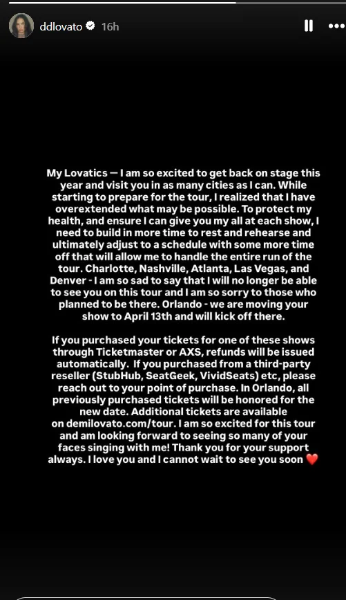 Деми Ловато откажа дел од турнејата поради здравствени проблеми: „Ми треба повеќе време за одмор“