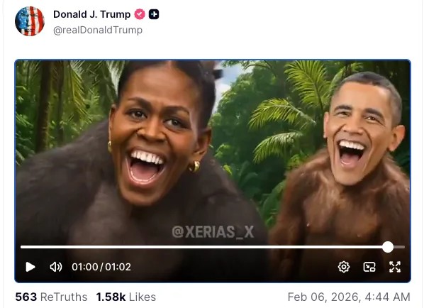 ТРАМП ОБЈАВИ РАСИСТИЧКО ВИДЕО ВО КОЕ БАРАК И МИШЕЛ ОБАМА СЕ ПРИКАЖАНИ КАКО МАЈМУНИ