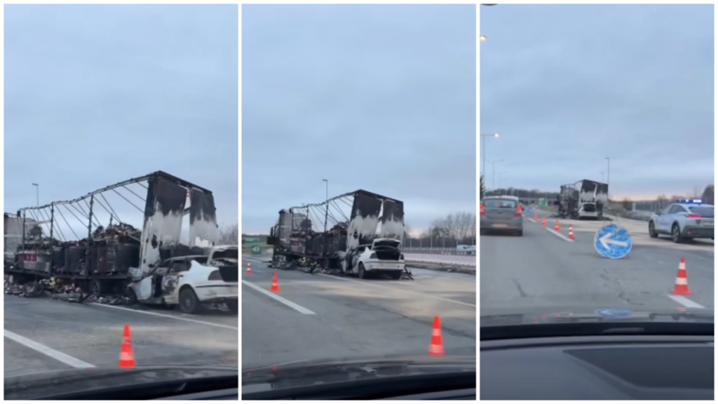 Во судир изгореа камион и автомобил БМВ – чистењето на автопатот ќе трае поради истекување на масло