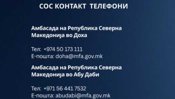 МНРиНТ и амбасадите во Доха и Абу Даби апелираат до македонските државјани да ги следат информациите и да ги контактираат за помош