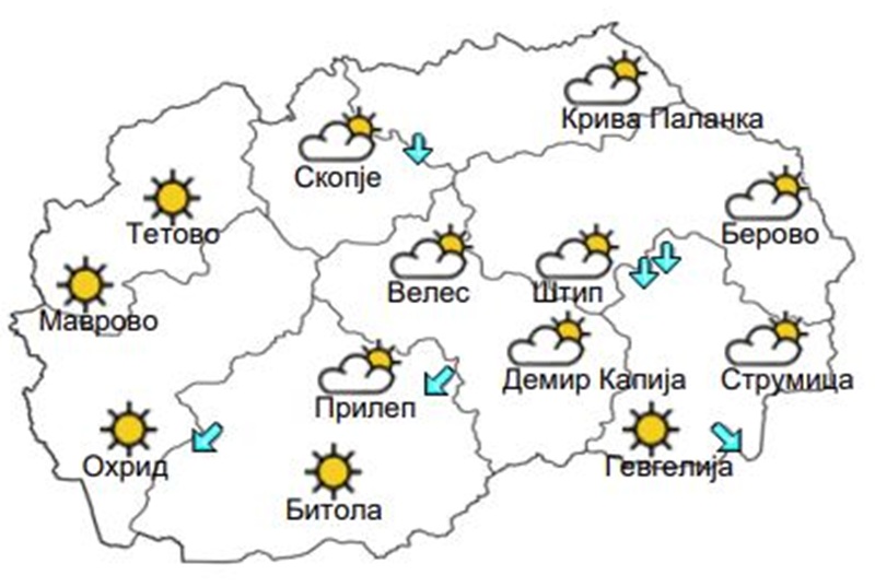 Времето денеска: Сончево со мала до умерена облaчност, температурата до 16 степени