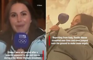 УРНЕБЕСНО: Пијана ТВ репортерка во живо од ЗОИ не можеше да зборува, па се тркалаше во снегот (ВИДЕО)