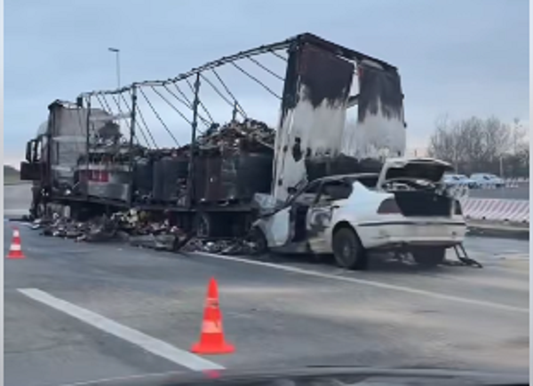 (ВИДЕО) Автомобил и камион целосно изгореа во сообраќајката кај клучката „Хиподром“ – едно лице е потешко повредено