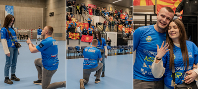 Валентин од Охрид ја запроси саканата на ракометен натпревар во Прага – клекна на колено среде терен