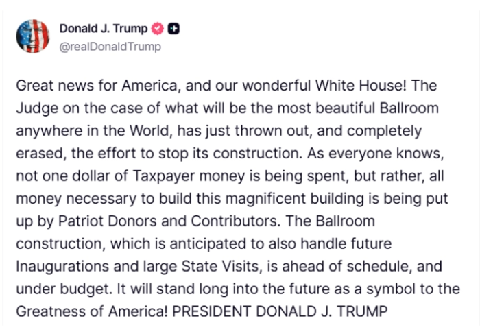 Суд одби барање да се запре проектот на Трамп за сала за бал во Белата куќа