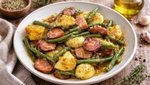 (Рецепт) МИРИСОТ НА ДОМАШНА КУЈНА: Брзо и вкусно јадење со колбаси, компири и зелена боранија