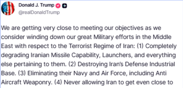 Доналд Трамп изјави дека САД размислуваат за „постепено намалување“ на операциите на Блискиот Исток