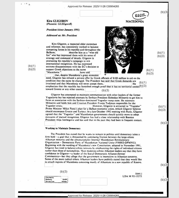 Киро Глигоров одбил понуда од 100 милиони долари за промена на името, открива документ на ЦИА