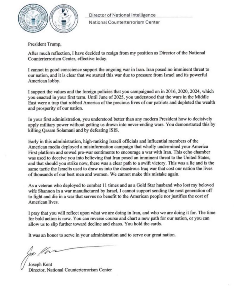 Шеф на американскиот антитерористички центар поднесе оставка: Не ја поддржува војната со Иран