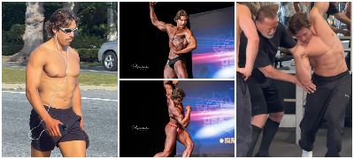 По стапките на тато: Вонбрачниот син на Шварценегер разголен на улица, откако победи на бодибилдинг натпревар