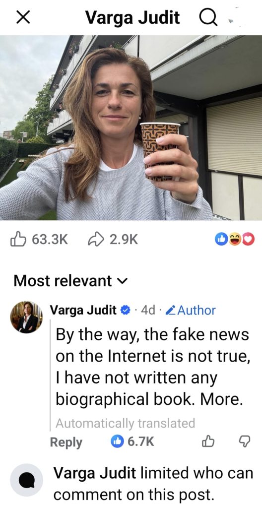 Јудит Варга негира дека напишала книга за екс-сопругот Петер Маѓар.Ниту се печеле кучиња, ниту имало сексуална настраност,