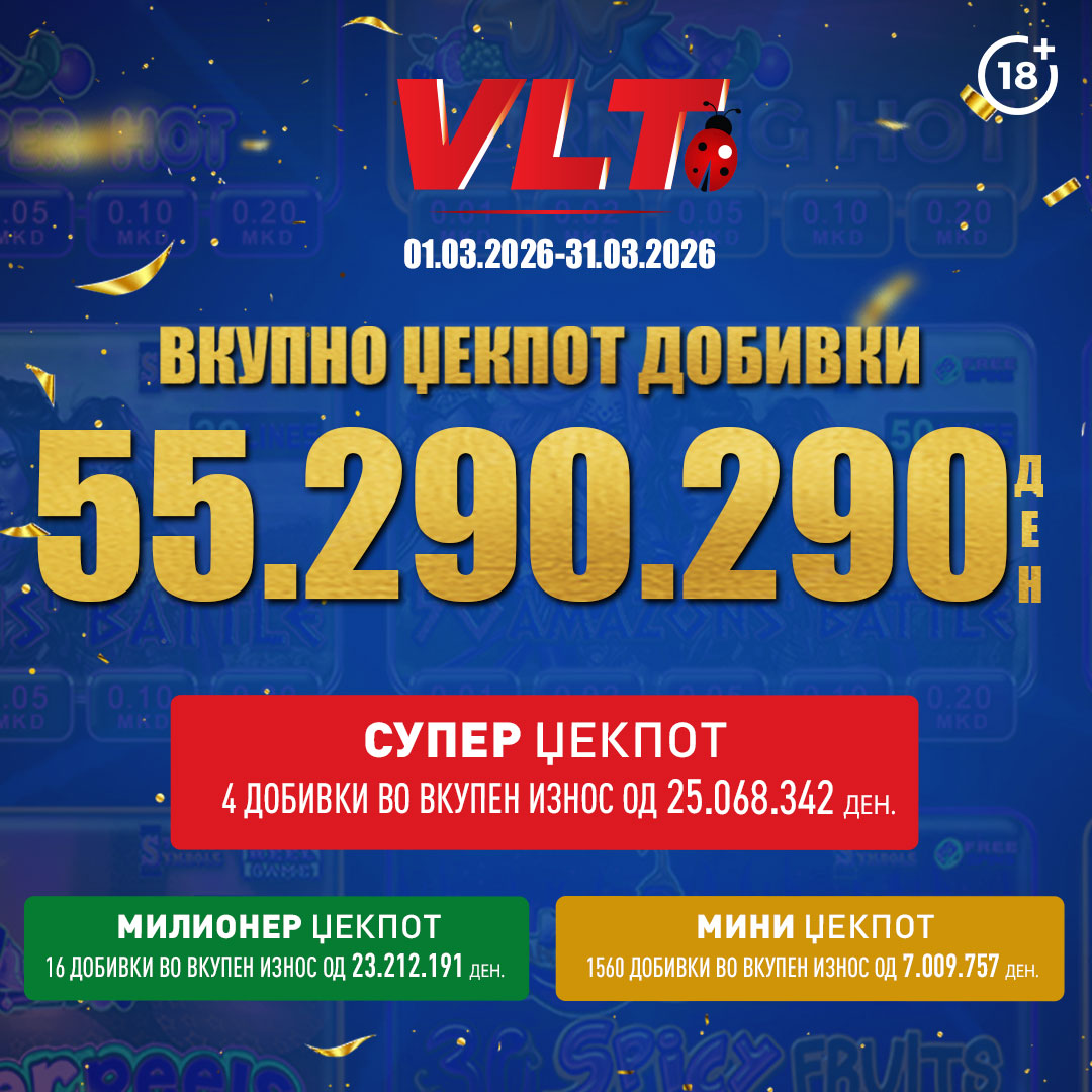 ВИДЕОЛОТАРИЈА КАСИНОС АВСТРИЈА ИСПЛАТИ 55.290.290 ДЕНАРИ ЗА ВЛТ ДОБИВКИ ВО МАРТ