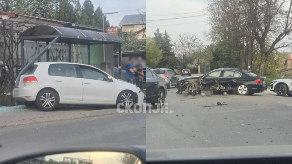 (Фото) Тешка сообраќајка во Ченто: БМВ целосно уништено по судир со „голф“ кој заврши во автобуска постојка