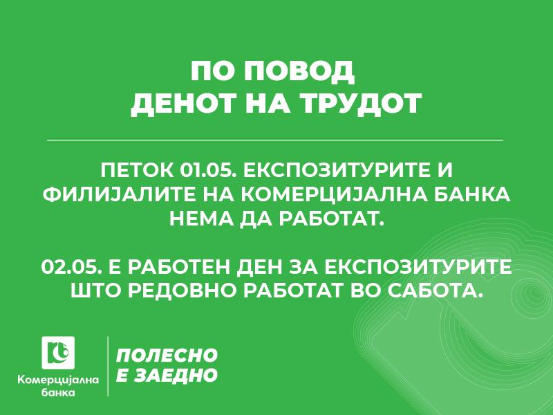 Комерцијална банка: Нема да работи на 1 мај, дел од експозитурите отворени во сабо