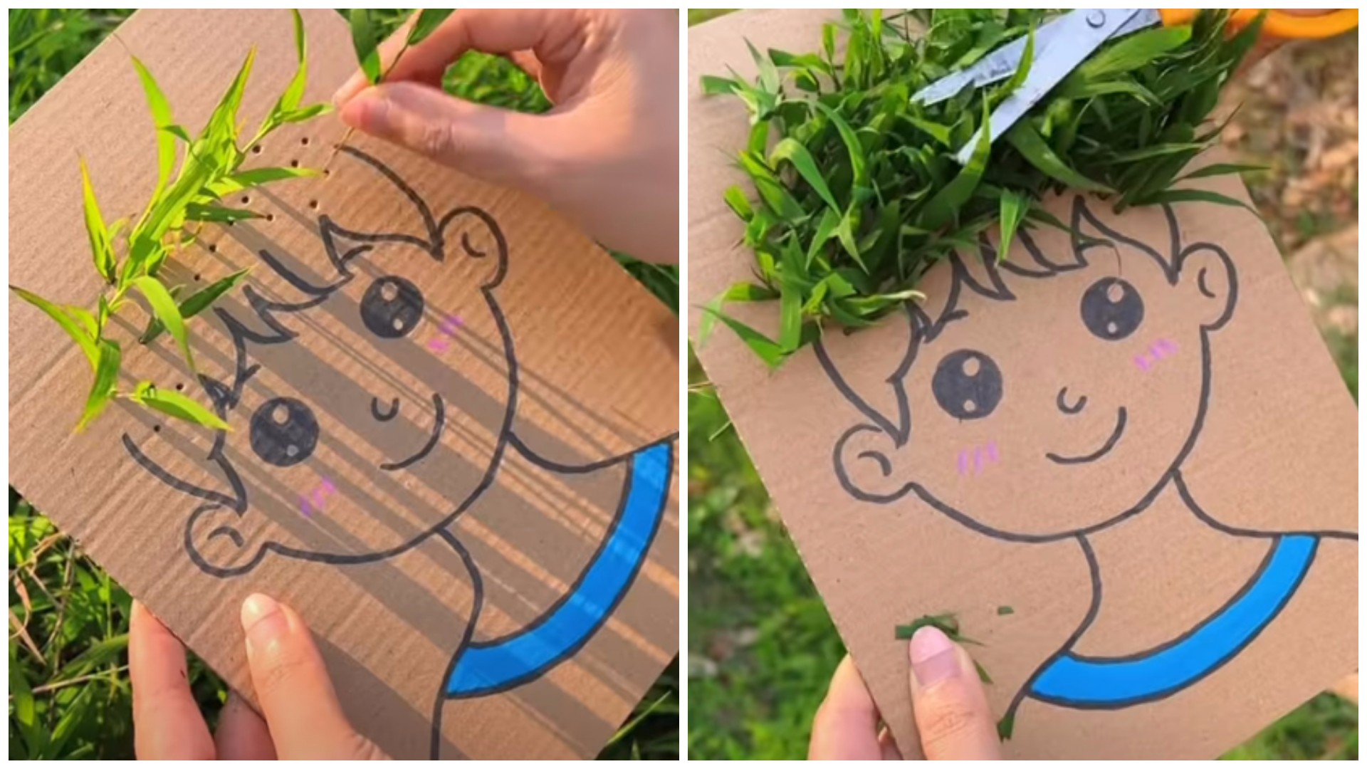 Забавна активност за деца во природа: Направете „дете“ со коса од трева и играјте си фризери (видео)