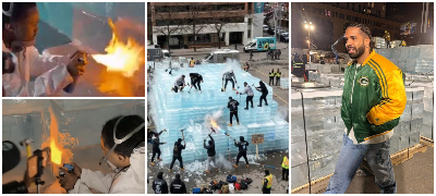 Дрејк направи хаос во Торонто - постави огромна скулптура од мраз, ја кршат со чекани, ја палат, дојде и полиција