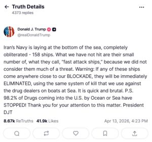 Трамп со заканувачка изјава: „Ќе ги елиминираме сите ирански бродови што ќе се приближат“