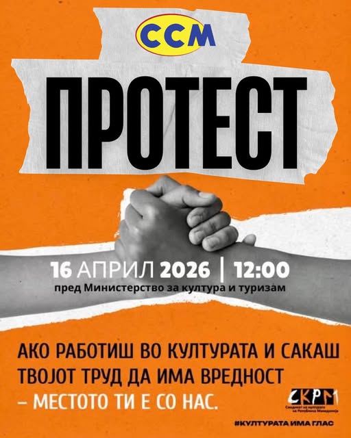 Денес протест на Синдикатот пред Министерството за кулутра: „Во опасност се сите колективни договори!“