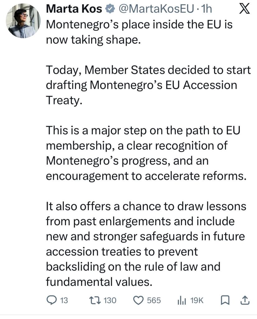 Марта Кос: Почнува изготвувањето на договорот за членство на Црна Гора во ЕУ