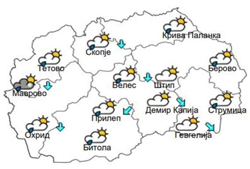 Времето денеска: Променливо облачно со повремени врнежи од дожд, температурата до 16 степени