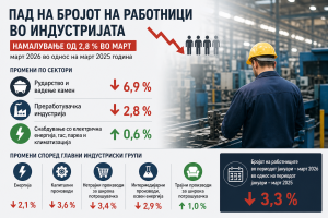 Пад на бројот на работници во индустријата: намалување од 2,8 % во март