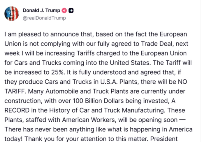 Трамп соопшти дека ќе ги зголеми царините за автомобили и камиони од ЕУ на 25 отсто