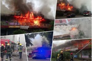 (ВИДЕО) Голем пожар во Белград: Двајца пожарникари се повредени, шеесетина продавници се во пламен