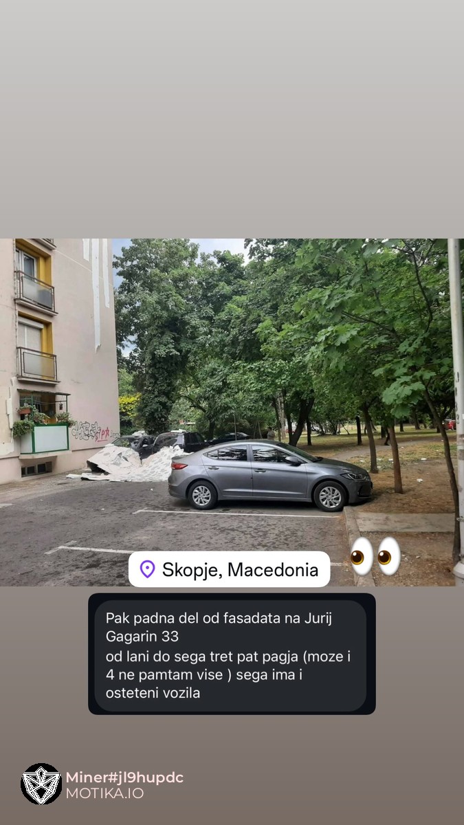 Повторно падна дел од фасадата на Јуриј Гагарин 33 – граѓаните велат дека ова е трет пат во една година