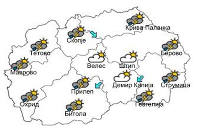 Претпладне претежно сончево – попладне дожд, грмежи и можна појава на град
