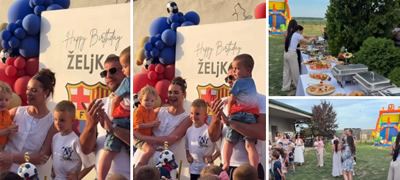 Вељко Ражнатовиќ и убавата сопруга му направија 6-ти роденден на синот Жељко во селото каде живеат – со замок за лизгање и магионичар