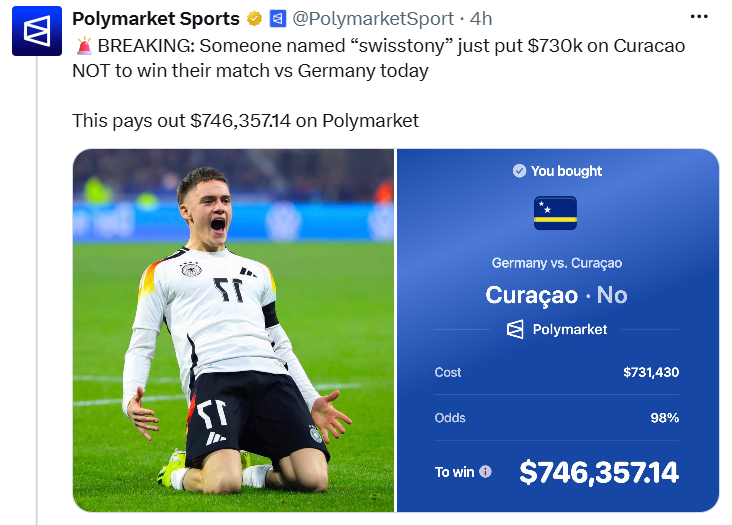 Обложувач уплатил 730.000 долари дека Курасао нема да ја победи Германија