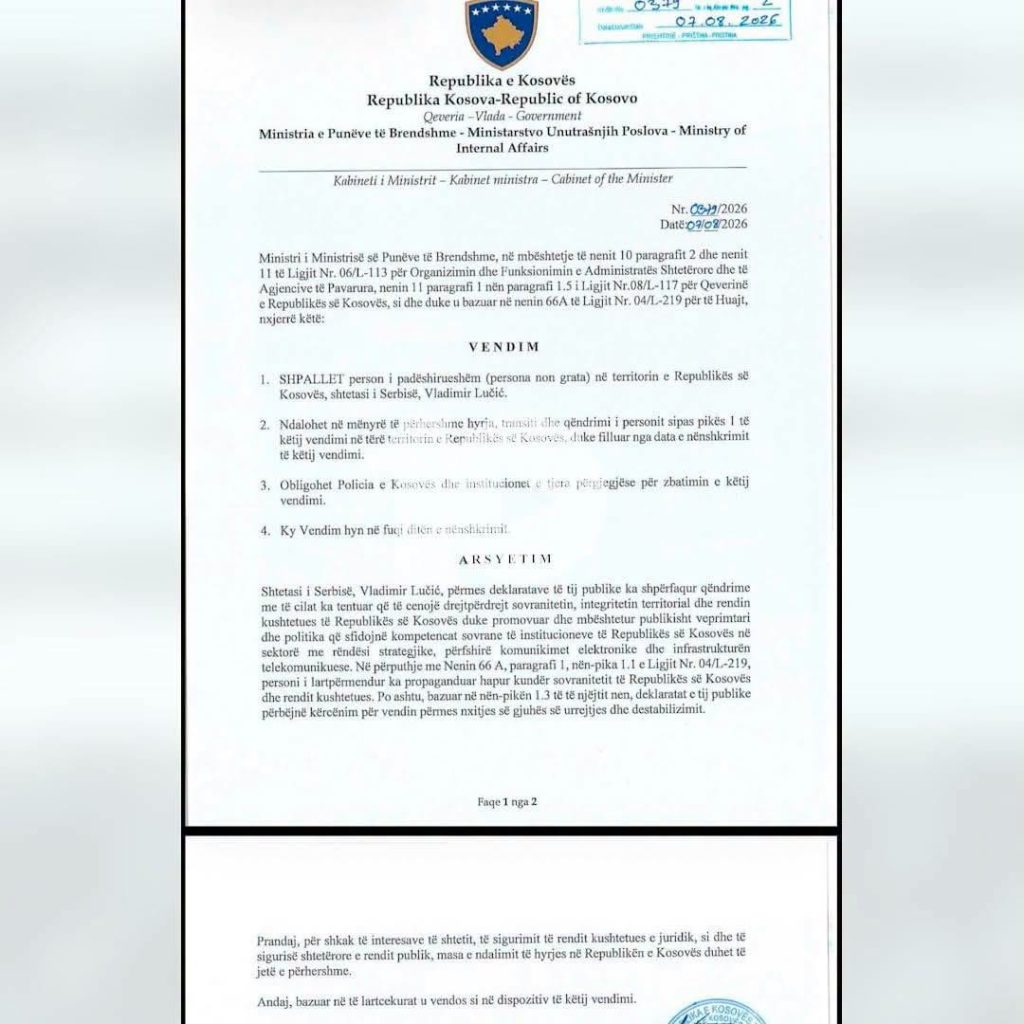 Директорот на српскиот „Телеком“, на Арена спорт, Блумберг и Њузмакс прогласен за персона нон грата во Косово